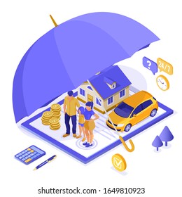 Property, House, Car, Family Insurance Isometric Concept for Poster, Web Site, Advertising with Insurance Policy on clipboard, money, umbrella and calculator. isolated vector illustration