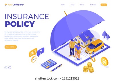 Property, House, Car, Family Insurance Isometric Concept for advertising with insurance policy on clipboard, money, umbrella and calculator. landing page template. isolated vector illustration