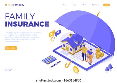 Property House Family Finance Insurance Isometric Concept for Poster Web Site Advertising with Insurance Policy on clipboard money umbrella and calculator. landing page. isolated vector illustration