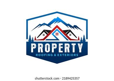 Property house logo real estate emlem hexagon shape mountain hill window roof family home 