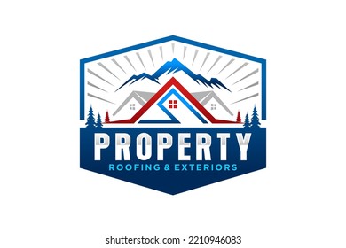 Property house logo real estate emlbem hexagon shape mountain hill window roof home 