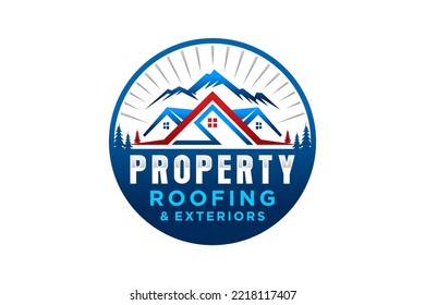 Property House Logo Real Estate Emblem Rounded Shape Mountain Hill Window Roof Home Cabin Lodge