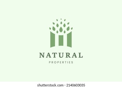 Property house logo with three buildings and leaves