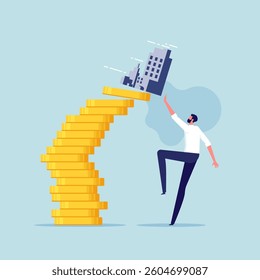 Property and housing market collapse, real estate risk. Property market crash, businessman or real estate agent tries to keep the house from falling off the top of the graph price