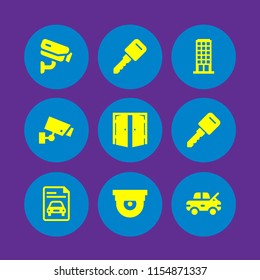 property icon. 9 property set with damage, cctv, apartment and security camera vector icons for web and mobile app