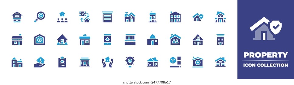 Property icon collection. Duotone color. Vector illustration. Containing property, smarthome, houseboat, house, stayhome, copyright, cottage, home, realestate.