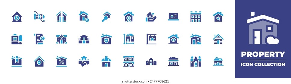 Property icon collection. Duotone color. Vector illustration. Containing document, property, cabin, home, deal, measure, insurance, house, building, mansion, sale.