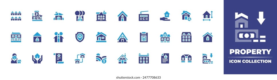 Kollektion des Eigenschaftensymbols. Zweitonfarbe. Vektorillustration. Enthält Eigentum, Größe, Haus, arm, Haus, Suche, Neuhaus, Reihenhaus, Adresse, Kabine, Radio.