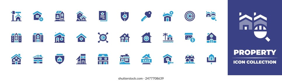 Property icon collection. Duotone color. Vector illustration. Containing network, house, building, woodhouse, protection, mansion, home, homeinsurance, housedeeds.