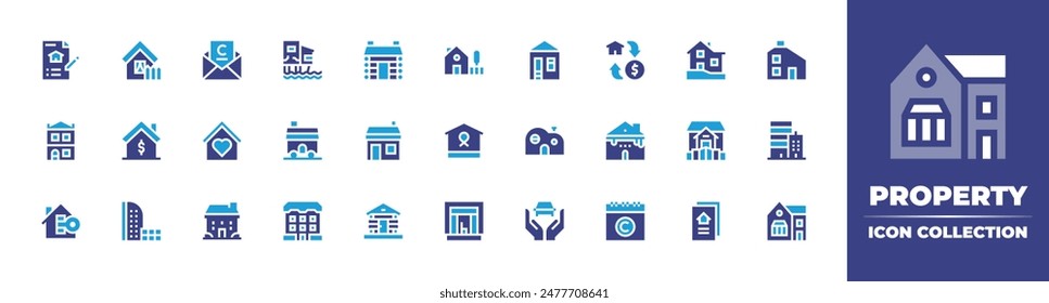 Colección de icono de propiedad. Color duotono. Ilustración vectorial. Contiene propiedad, casa, contrato, hogar, llave, casa de campo, correo, pobre, cabina, cáncer, herencia.