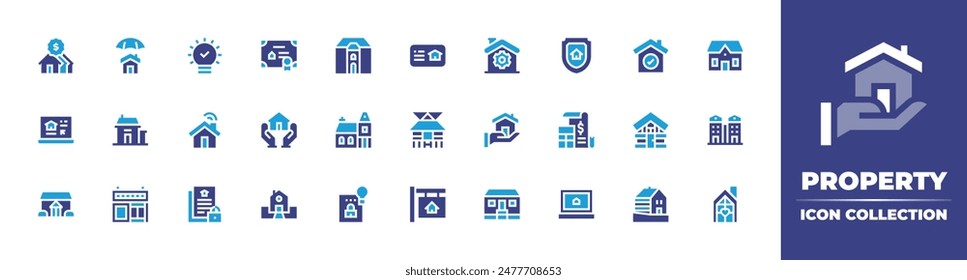 Property icon collection. Duotone color. Vector illustration. Containing intellectualproperty, houseforsale, house, buyhome, mansion, laptop, stilthouse, insurance.