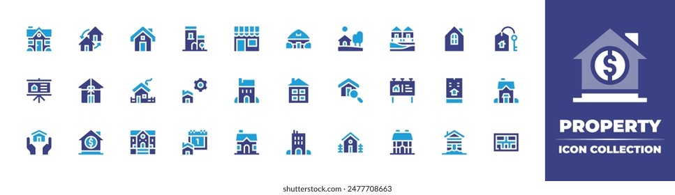 Property icon collection. Duotone color. Vector illustration. Containing newhouse, house, realestate, presentation, home, apartment, mansion, fix, calendar.