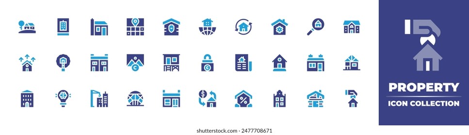 Property icon collection. Duotone color. Vector illustration. Containing lock, realestate, house, new, growth, treehouse, image, beachhouse, homesecurity, locationpin.