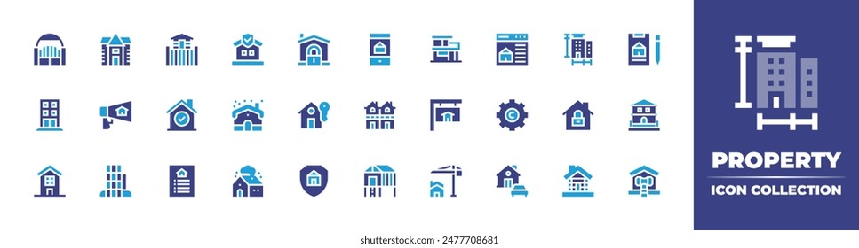 Property icon collection. Duotone color. Vector illustration. Containing realestate, chosen, house, duplex, cabin, forsale, homeinsurance, entrance, residence, buyhome.