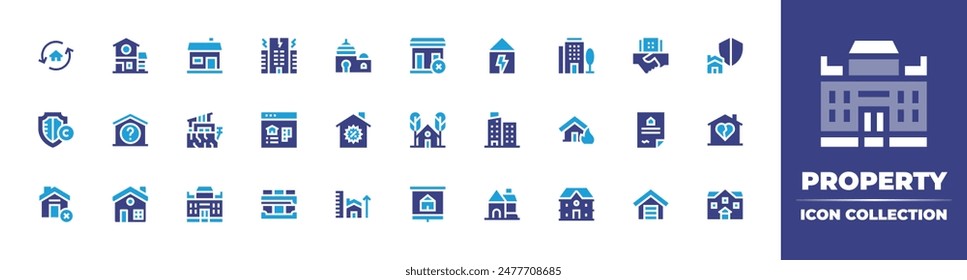 Property icon collection. Duotone color. Vector illustration. Containing protection, property, home, cancelled, realestate, house, mansion, fence, houses, measure.