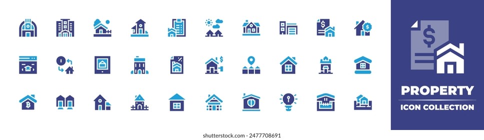 Property icon collection. Duotone color. Vector illustration. Containing house, houses, buildings, exchange, realestate, location, apartment, seoandweb, home, mortgage, clipboard.