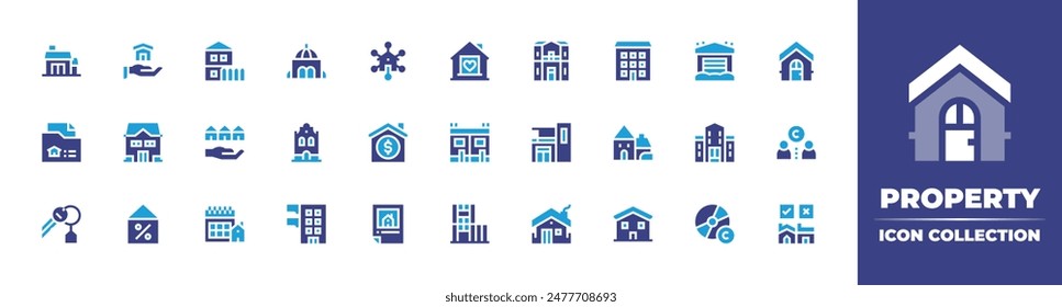 Property icon collection. Duotone color. Vector illustration. Containing documents, home, forsale, quarantine, housekey, house, realestate, calendar, contract, family.