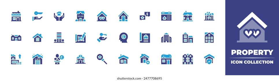 Property icon collection. Duotone color. Vector illustration. Containing brain, property, architecture, house, christmas, sculpture, apartment, cabin, increase.