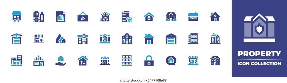 Property icon collection. Duotone color. Vector illustration. Containing property, home, villa, house, insurance, realestate, houses, sign, invoice, garage, cottage.