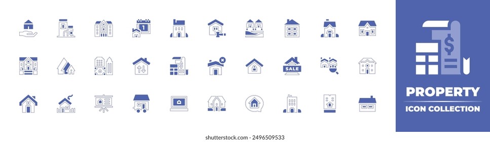 Property icon collection. Duotone style line stroke and bold. Vector illustration. Containing property, house, home, realestate, houses, mansion, cancelled, village, houseboat, calendar.