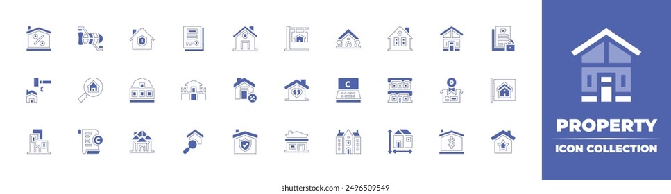 Property icon collection. Duotone style line stroke and bold. Vector illustration. Containing document, laptop, mansion, measure, discount, insurance, house, realestate, building, home, demolish.