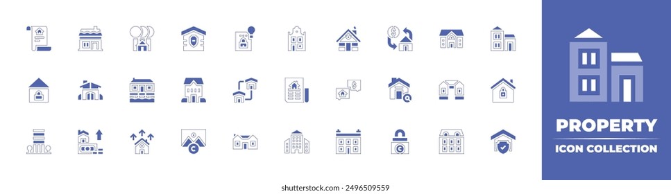 Property icon collection. Duotone style line stroke and bold. Vector illustration. Containing lock, property, house, search, new, growth, image, apartment, increase, officebuilding.