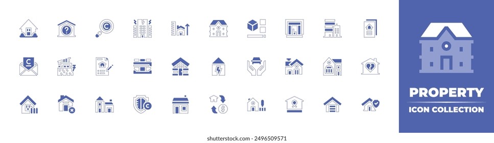 Eigenschaftensymbolsammlung. Duotone Stil Linie Strich und fett. Vektorgrafik. Enthaltend Suche, Vertrag, Haus, Aufenthalt, Strom, Post, Bankrott, Zaun, Kabine, Haus, Maßnahme.