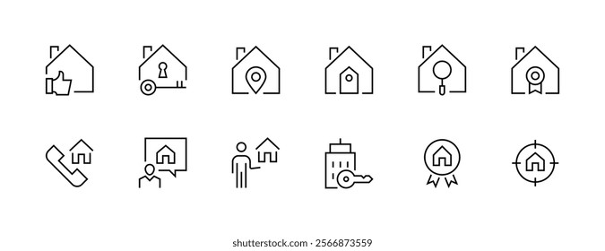 Property icon collection. Real estate, relator, mortgage, house loan, house rent, rent cost, ownership and more. Editable stroke. Pixel Perfect. Grid base 32px.