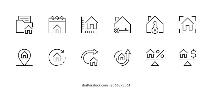 Property icon collection. Real estate, relator, mortgage, house loan, house rent, rent cost, ownership and more. Editable stroke. Pixel Perfect. Grid base 32px.