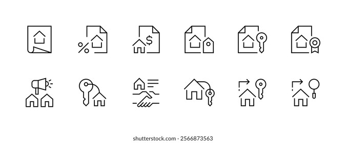 Property icon collection. Real estate, relator, mortgage, house loan, house rent, rent cost, ownership and more. Editable stroke. Pixel Perfect. Grid base 32px.