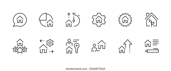 Property icon collection. Real estate, relator, mortgage, house loan, house rent, rent cost, ownership and more. Editable stroke. Pixel Perfect. Grid base 32px.