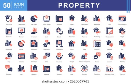 Conjunto de colecciones de iconos de propiedades. Contiene comprar casa, personal, ubicación, edificios, vivienda, residencial, icono de apartamento.