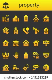 property icon set. 26 filled property icons.  Collection Of - Building, Insurance, Shelter, Hut, House, Smart house, Sold, Mortgage, Surveillance, Bungalow, Key chain, Intellectual