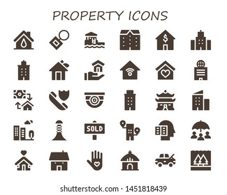 property icon set. 30 filled property icons.  Collection Of - House, Key chain, Bungalow, Apartments, Building, Smart house, Insurance, Mortgage, Surveillance, Sold, Intellectual