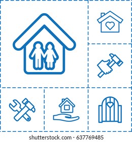Property icon. set of 6 property outline icons such as home care, hummer and wrench, hummer, family home, house with heart