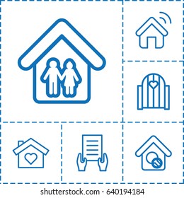 Property icon. set of 6 property outline icons such as holding document, home search, family home, house signal, house with heart