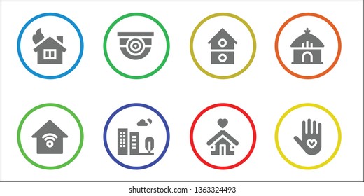 property icon set. 8 filled property icons.  Collection Of - House, Smart house, Surveillance, Building, Shelter, Hut, Insurance