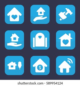 property icon. Set of 9 property filled icons such as home care, hummer, home with heart, house sale, love home, house insurance