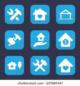 Property icon. set of 9 filled property icons such as home, hummer and wrench, hummer, house sale, love home, house insurance
