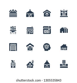 property icon set. Collection of 16 filled property icons included Flood, Hut, House, Building, Insurance, Garage, Houses, Buildings, Real estate