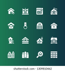 property icon set. Collection of 16 filled property icons included Roof, Real estate, Mansion, Building, House, Flood, Tree house, Garage, Key chain, Bungalow, Buildings, Insurance