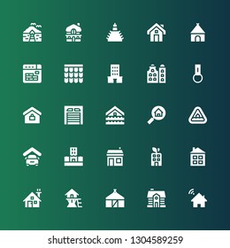 property icon set. Collection of 25 filled property icons included House, Hut, Tree house, Building, Flood, Garage, Real estate, Key chain, Roof, Buildings, Mansion, Bungalow