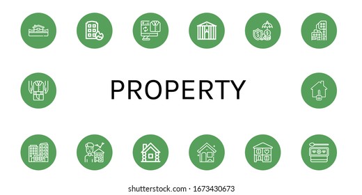 property icon set. Collection of Flood, House on fire, Second hand, Town hall, Insurance, Condominium, Building, Estate agent, Wooden house, House, Home, Cottage icons