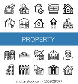 property icon set. Collection of Home, House, House on fire, Cottage, Wooden house, Building, Condominium, Flood, Aguas livres, Estate agent, Home office, Town hall, Security agent icons