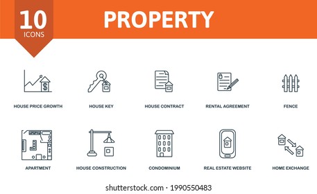 Property icon set. Contains editable icons real estate theme such as house price growth, house contract, fence and more.