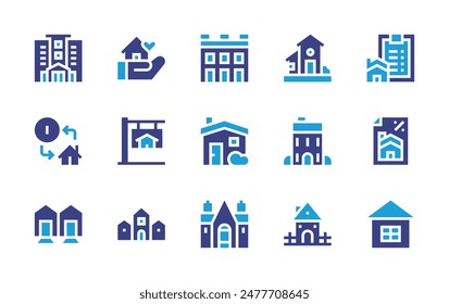 Property icon set. Duotone color. Vector illustration. Containing property, home, house, exchange, mansion, apartment, mortgage, clipboard, neighborhood.