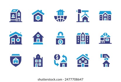 Property icon set. Duotone color. Vector illustration. Containing lock, mortgage, savings, house, realestate, building, homerepair, mansion, home, cabin, homeinsurance.