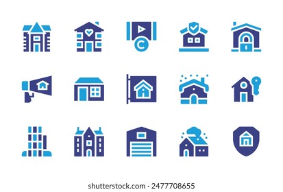 Property icon set. Duotone color. Vector illustration. Containing mansion, orphanage, realestate, house, insurance, video, forsale, apartment, buyhome.