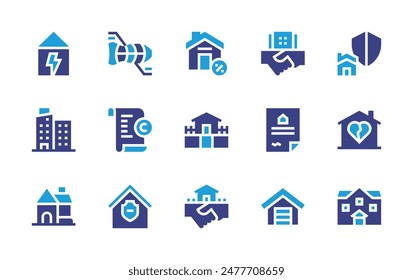 Property icon set. Duotone color. Vector illustration. Containing document, properties, mansion, deal, discount, house, garage, contract, home, brokenheart, security.