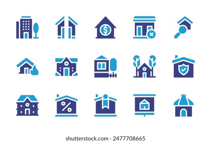 Property icon set. Duotone color. Vector illustration. Containing property, insurance, division, house, cabin, fire, home, apartment, nohome, houses, sale.